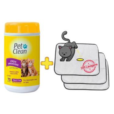 Imagem de Kit Lenços Umedecidos Para Gatos Pet Clean 75uni + 6 Tapetes Higiênico