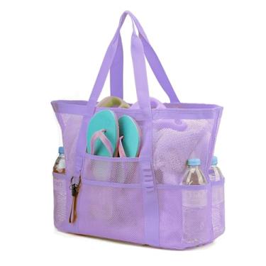 Imagem de TOPASION Sacola de praia grande de malha leve para brinquedos de areia, sacolas de compras de viagem em família, sacolas de compras reutilizáveis, Roxa