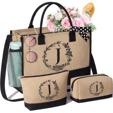 Imagem de Sacola de presente personalizada para mulheres, bolsa de juta inicial e bolsas de maquiagem, bolsa de praia com monograma com zíper, presentes de aniversário, presentes de dia das mães, mulheres,