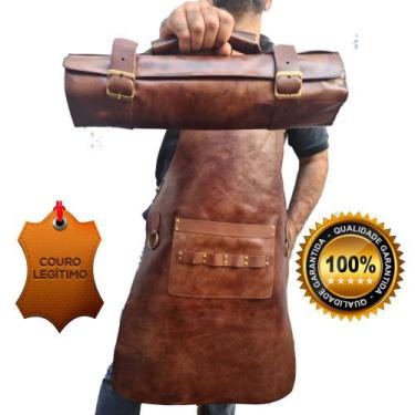 Imagem de Kit Avental Churrasco + Case Porta Facas 6 Posições Couro Bovino Premi