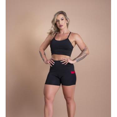 Imagem de Conjunto Fitness Feminino Short Cintura Alta Com Bolso Tela E Top Crop
