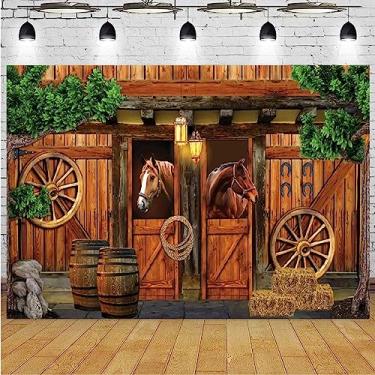 Imagem de One Wild West Pano de fundo estável cowboy cavalo marrom porta de celeiro rodas de madeira selvagem velho rodas de chá de bebê Mews fundo de fotografia cavalo aniversário chá de bebê pano de fundo de