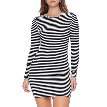 Imagem de Forever 21 Vestido feminino listrado colado ao corpo, Preto/branco, P