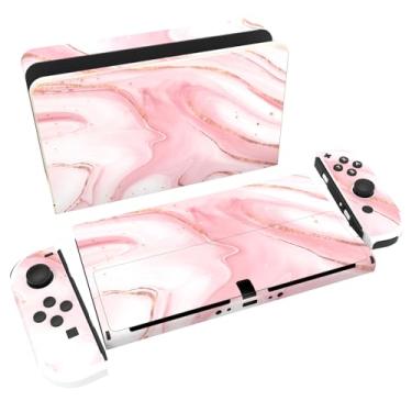 Imagem de PlayVital Conjunto completo de adesivos de proteção para Nintendo Switch OLED, adesivos de vinil personalizados para console Switch OLED e Joycon e Dock & Grip - Mármore dourado rosa