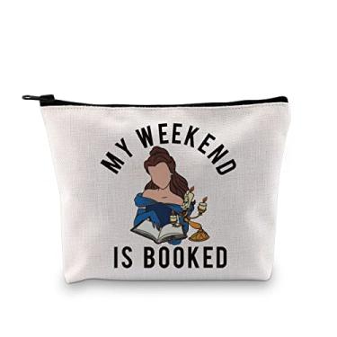 Imagem de GJTIM Bolsa com zíper inspirada na Princesa Bela, My Weekend Is Booked Book Nerd, bolsa de acessórios para leitores e escritores, My Weekend Bag, Medium, Bolsa cosmética com impressão