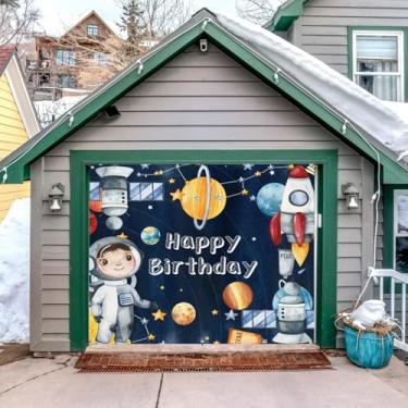 Imagem de Decoração de banner de porta de garagem aniversário espaço 2,1 x 2,4 m desenho animado astronauta espaço sideral foguete espaçonave garagem porta capa universo, estrelas, festa de aniversário, porta
