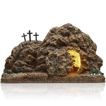 Imagem de Seenelling Cena iluminada da tumba da ressurreição da Páscoa, 35 x 20 x 10 cm, túmulo vazio de resina, cena de Páscoa e decoração de cruz, decoração de Jesus, decoração cristã, presente para casa