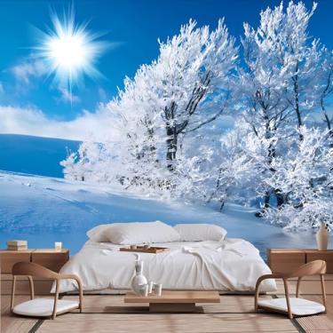 Imagem de Lcythiazole Tamanho personalizável, mural de papel de parede de cena de neve, mural de cena de neve 3D, árvores cobertas de neve, fotos HD cobertas de neve, para sala de estar, quarto, jantar