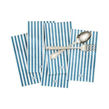 Imagem de Guardanapos e jogos americanos descartáveis listrados azuis e brancos - Utensílios de mesa de papel elegantes para festas, churrascos, piqueniques e eventos - Guardanapos grossos de 3 camadas e jogos