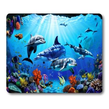 Imagem de Wknoon Mouse pad de golfinhos fofos, lindo e colorido organismo marinho paisagem subaquática tapete de rato acessórios de decoração de mesa para laptop