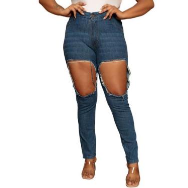 Imagem de Calça Feminina Plus Size  Skinny Lavagem Escura Rasgada - SK Jeans, 46