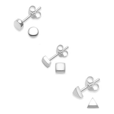 Imagem de Kit 3 Brincos Segundo Furo Quadrado, Triangulo Prata 925