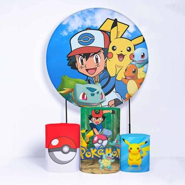 Imagem de Kit Painel de Festa Redondo de 1,30m e Trio de Cilindros Pokemon - Fera Print