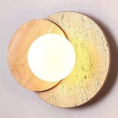 Imagem de Luminária de parede redonda com fundo de nogueira preta vintage de meados do século, sala de jantar com base G9, luminária de parede de pedra natural para corredor externo, estudo, escadas (