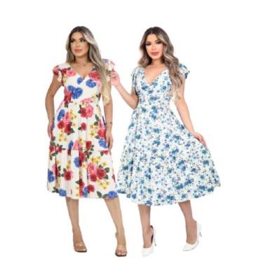 Imagem de Kit 2 Vestido Feminino Midi Decote V Ajuste na Cintura Saia Godê Malha