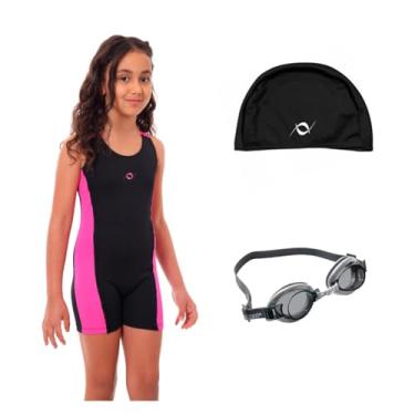 Imagem de Kit Maiô Perninha Infantil Juvenil Óculos UV Touca Tecido Infantil (Preto/Pink - Touca Preto, 12)