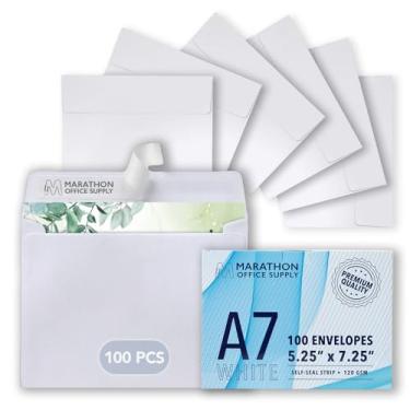 Imagem de Envelopes de convite MOS A7 - Envelopes autoselantes brancos de 13 cm x 19 cm (100 unidades) - 120 g/m2/14,5 kg, resistente, para vales-presente, negócios, cartões e casamentos