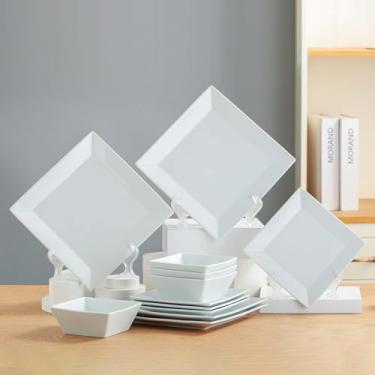 Imagem de DOMINI Conjunto de louça de cozinha de cerâmica de 12 peças, serviço para 4, conjunto de jantar de pratos de porcelana, conjuntos de louça quadrada com pratos de jantar, pratos de sobremesa e tigelas