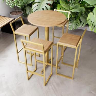 Imagem de Jogo Mesa Alta Bistrô Redonda 4 Banquetas Pinus Confort Industrial Dourado