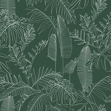 Imagem de Papel De Parede 12m Adesivo Folhas Linha Branca Fundo Verde Escuro