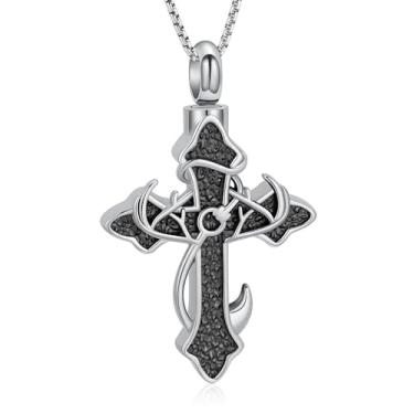 Imagem de Ydmwannx Colar de urna com cruz para cinzas, anzol de peixe, joia de cremação, pingente de cinzas de chifre de veado para mulheres e homens, lembrança memorial de cinzas, medalhão do amor, One Size