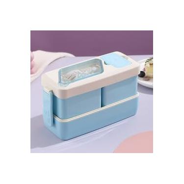 Imagem de Marmita, Lunch Box, Lancheira, 2 Andares, 3 compartimentos, espaço para tempero, acompanha talher, com trava de segurança. Perfeita para academia, trabalho e viagem - AZUL ESCURO