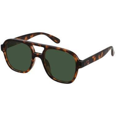 Imagem de Fozono Óculos de sol retrô aviador feminino proteção UV moderno vintage quadrado aviadores óculos de sol ponte dupla, Armação tartaruga/lente verde escura, Standard