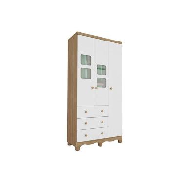 Imagem de Guarda Roupa 3 Portas c/ (2 Cristal) e 3 Gavetas Uli Branco/Amendoa - Peroba