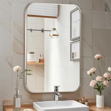 Imagem de CLBA Espelho de níquel escovado, espelho retangular de níquel escovado de 55 x 76 cm, espelho de banheiro emoldurado de liga de alumínio, espelho de banheiro retangular arredondado para pia, espelho