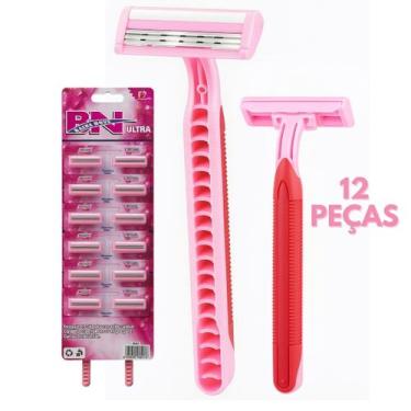 Imagem de Kit 12 Peças Barbeador Descartáveis Rosa com 3 Lâminas e Fita Lubrific