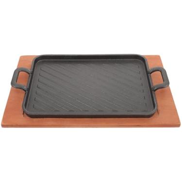 Imagem de Yardwe Chapa De Ferro Fundido Resistente Com Base Madeira, Retangular Para Grelhar, Grelhar E Fritar, 31,5 X 19,5 Cm, Ideal Uso Doméstico Em Restaurantes