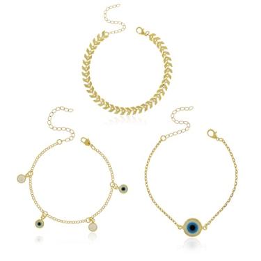 Imagem de Trio Pulseiras Douradas Conjunto com Olho Grego, Pérola e Escama Peixe - Banhado a Ouro 18k