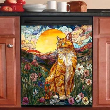 Imagem de Capa de ímã para lava-louças de gato, capa magnética de animais coloridos para lava-louças, decalque para painel da porta frontal, adesivo de geladeira para máquina de lavar louça, geladeira, armários
