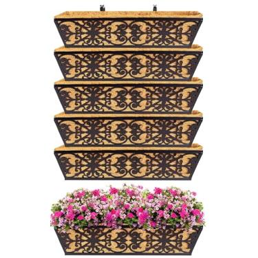 Imagem de Pacote com 6 caixas de janela de 61 cm, caixa de plantas, trilhos com suportes ajustáveis e forros de coco, sacos de cultivo de plantas, trilhos de convés, caixa de flores pendurada na varanda para