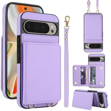 Imagem de Capa carteira de couro PU para celular Google Pixel 9 Pro XL, 4 compartimentos para cartão e 2 compartimentos para dinheiro, bloqueio RFID, alça destacável, capa com suporte antiarranhões e à prova de