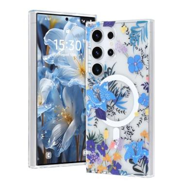 Imagem de AIGOMARA Capa magnética para Samsung Galaxy S24 Ultra [compatível com MagSafe], design floral transparente, fina, antiamarelamento, à prova de choque, para mulheres e meninas, azul
