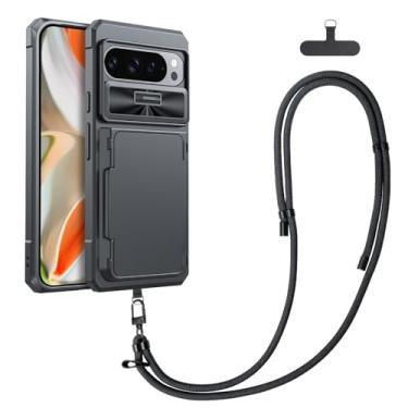Imagem de CENMASO Capa para Google Pixel 9 Pro XL com alça de cordão e suporte para cartão (4 a 5 cartões) [bloqueio RFID] e capa deslizante para câmera e suporte, proteção militar contra quedas, capa carteira