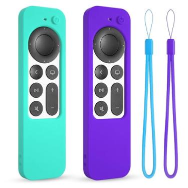 Imagem de Capa de silicone para Apple tv siri Remote 2021 2022 2023 capa protetora para controle remoto Apple 4k/hd tv anti manga com cordão (2ª/3ª geração) (menta + roxo escuro)