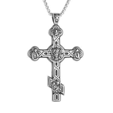 Imagem de HZMAN Colar grande de cruz ortodoxa oriental russa para homens, pingente de cruz religiosa, retrô, joia cristã, presente, Aço inoxidável, Sem Pedra Preciosa