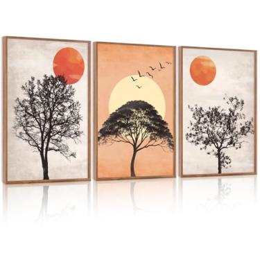 Imagem de HOURIA 3 peças de arte de parede em tela com silhueta de árvore de pássaros do sol (40,6 cm x 61 cm), decoração de parede emoldurada, grande, pôr do sol dourado, rebanho de pássaros, vintage, meados