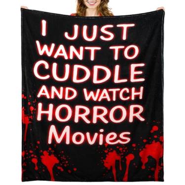 Imagem de Buryeah Cobertor de Halloween de 127 x 152 cm, cobertor para assistir a filmes de terror de pelúcia, quente, preto, vermelho, presentes de filmes de terror para casa, decoração de Halloween para