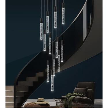 Imagem de Phoonyii Lustre de cristal de teto alto de 12 luzes, luminária pendente de gota de chuva de LED grande moderno 250 cm H lustre de montagem embutida preto para hall de entrada, escada, sala de estar