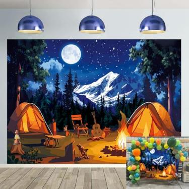 Imagem de Pano de fundo de cenário florestal para fotografia de barraca de acampamento floresta noite montanha floresta aventura banner para festa de aniversário chá de bebê suprimentos de decoração (304.8 x