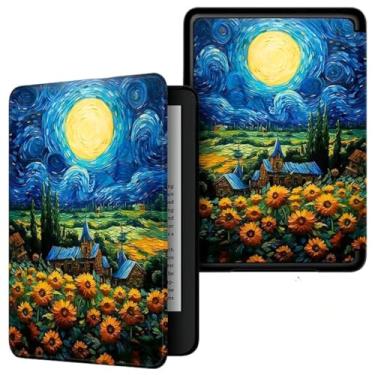Imagem de Capa Kindle 11ª Geração 6” (Modelos 2022 e 2024 – C2V2L3 e RS23CV) – Auto Hibernação – Fechamento Magnético – Leve, Rígida e com Revestimento Interno em Microfibra (Noite Estrelada com Girassóis)