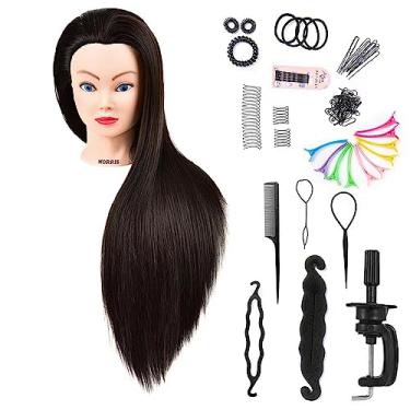 Imagem de Morris Cabeça de manequim de 71 cm com fibra sintética para cabelo, treinamento, cosmetologia, cabeça de boneca com suporte de grampo (preto)