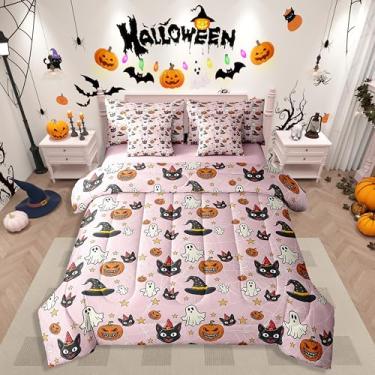 Imagem de Erosebridal Jogo de cama completo de Halloween com desenho animado de abóbora, fantasmas, gato, para decoração de quarto de meninos, meninas, teias de aranha estrelas, galáxia, gótica, cama em um