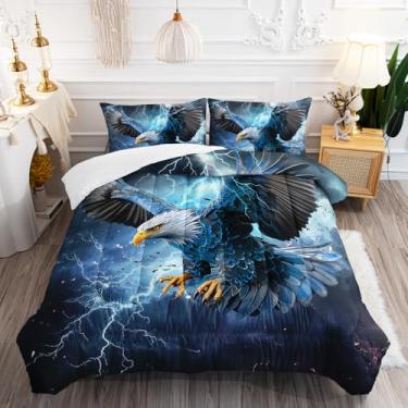 Imagem de AILONEN Conjunto de edredom casal com águia, pássaro selvagem, águia, nuvem negra, relâmpago, águia, para decoração de quarto, 3 peças, 1 colcha + 2 fronhas