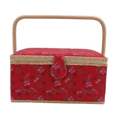 Imagem de Asixxsix Cesta de costura vintage, Caixa de costura de padrão de carta de grande capacidade com bandeja removível, cesta de armazenamento de costura de camada dupla para Tesouras Agulhas