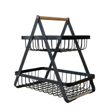 Imagem de Fruteira de Mesa 2 Andares Ferro e Bambu para Café da Manhã Multiuso de Metal Preto Cesto Organizdor(2 ANDARES MODERNA PRETO 30x18)