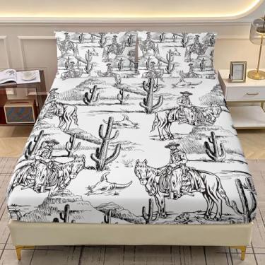 Imagem de AILONEN Jogo de lençol casal, caubói ocidental, vintage, ocidental, para crianças, adolescentes e adultos, cacto do deserto, para todas as estações, 1 lençol com elástico e 2 fronhas, 3 peças
